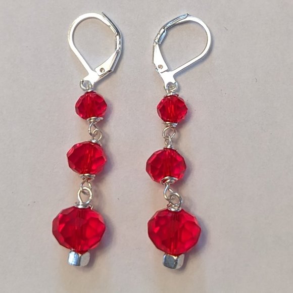 Hand Crafted sterling silver and glass beaded dangle earrings, red - Picture 1 of 3